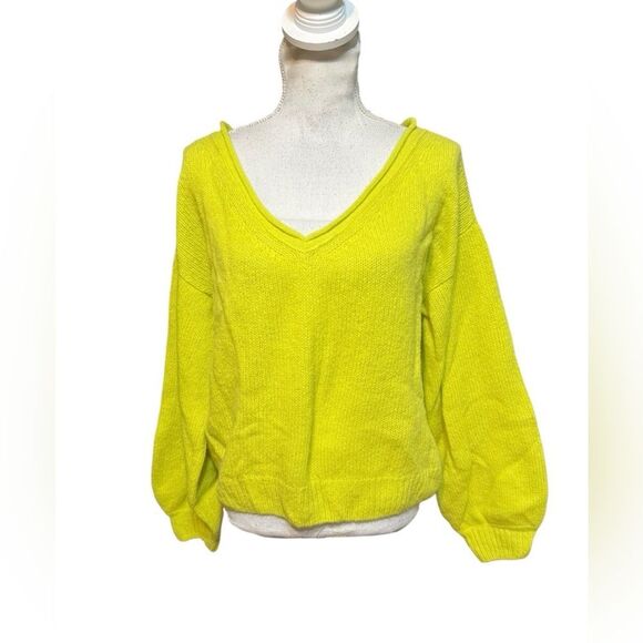 Nation LTD Zoya Open Neck Knit Long Sleeve V-Neck Sweater Ace Chartreuse M - Picture 2 of 6